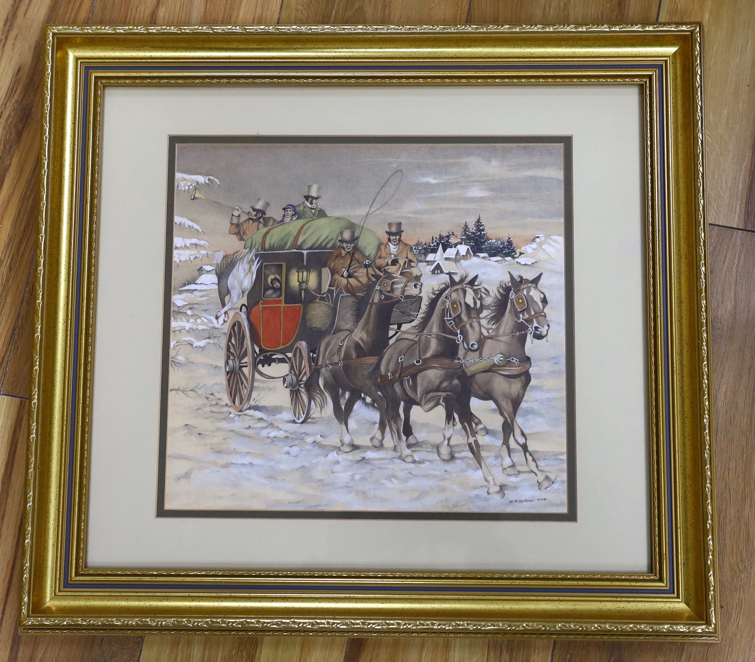 W.R Earthrowl (Modern British), watercolour, Stagecoach driving in winter landscape, signed and dated, 29 x 31cm